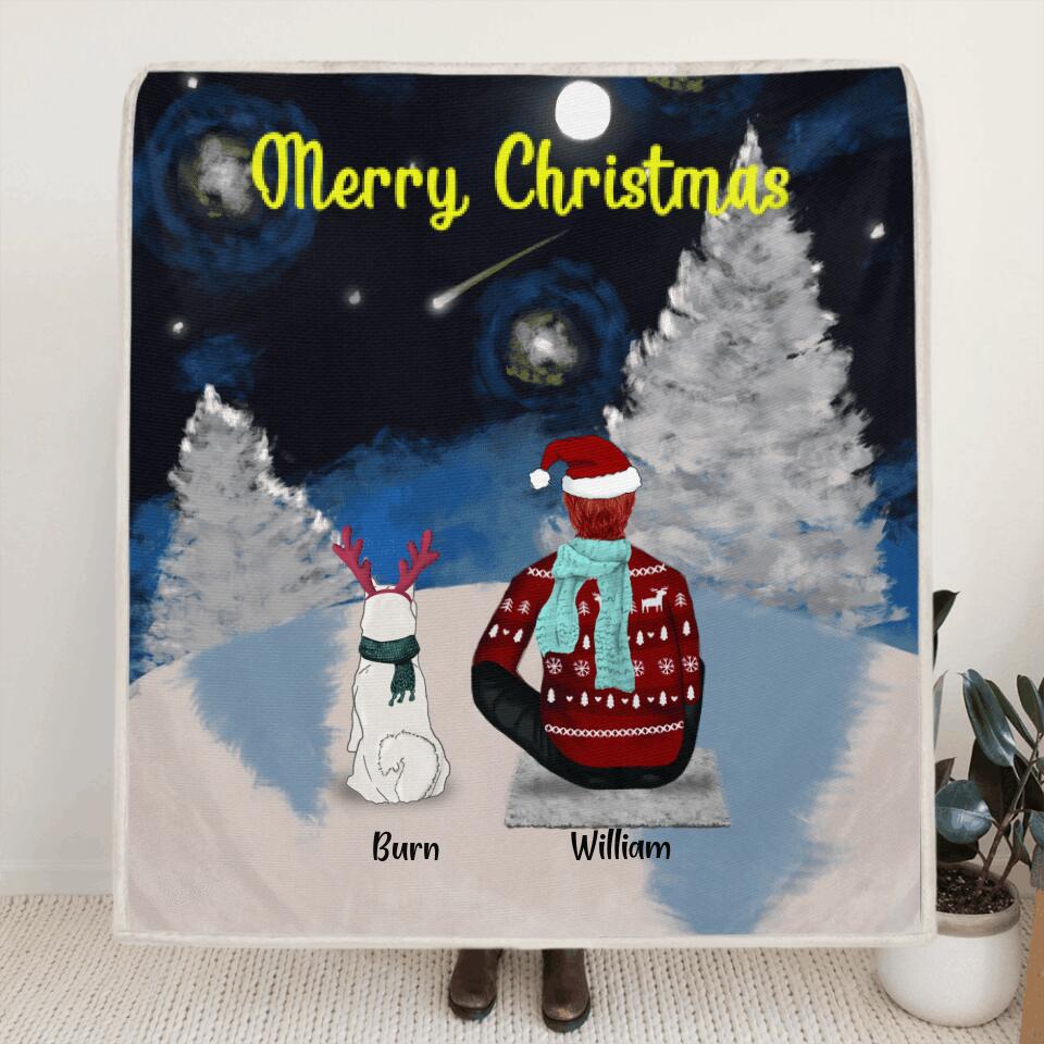 Personalized Christmas Dog/Cat Quilt/Fleece Blanket - Man/Woman With Up to 6 Pets - Merry Christmas